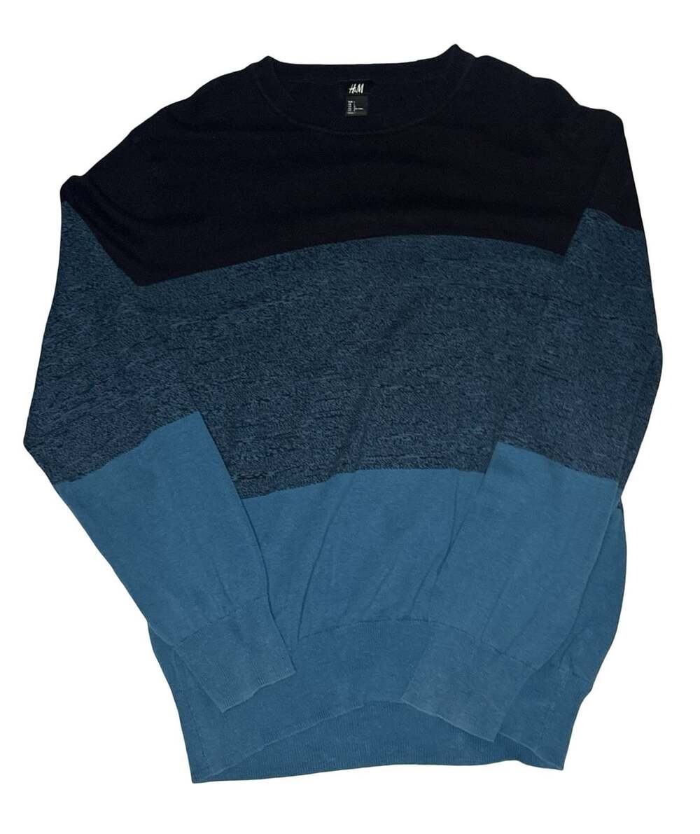 H&M Colorblock Crewneck Knit Sweater Blue Gray Black Men's Large